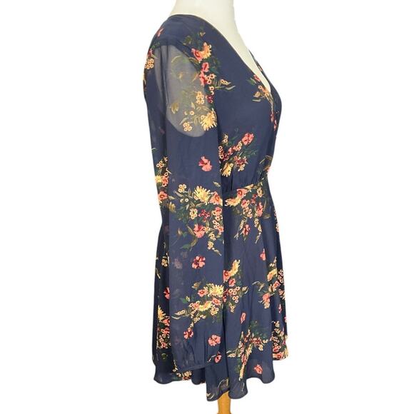 LULUS Floral Print Midi Dress Long Sheer Sleeves Zip Back Size Small Navy Blue - Picture 5 of 12
